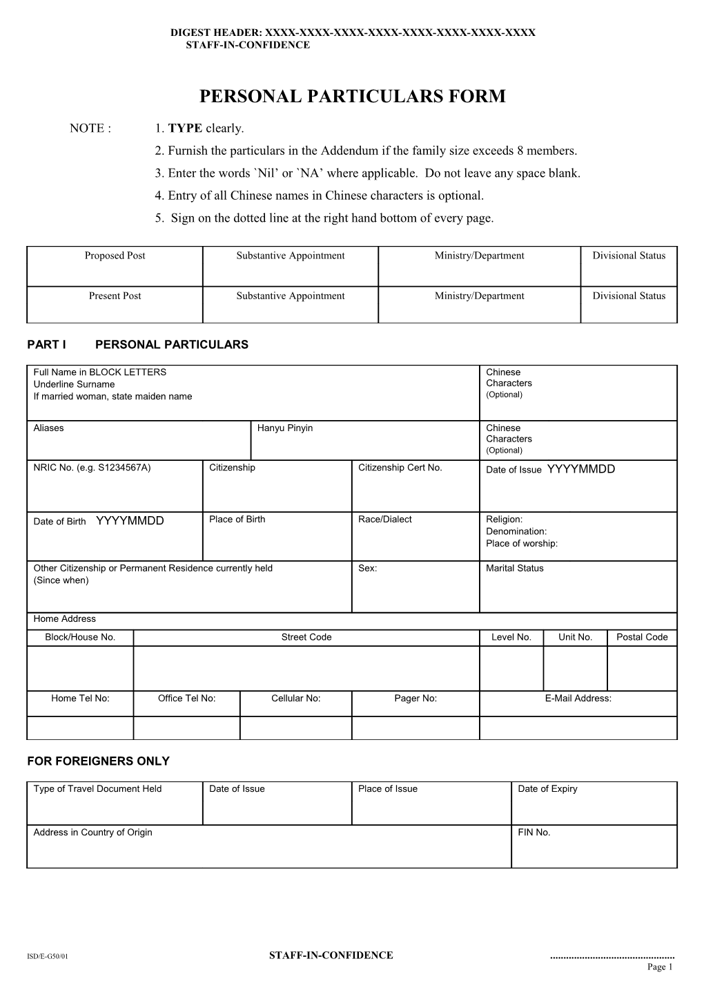 Personal Particulars Form