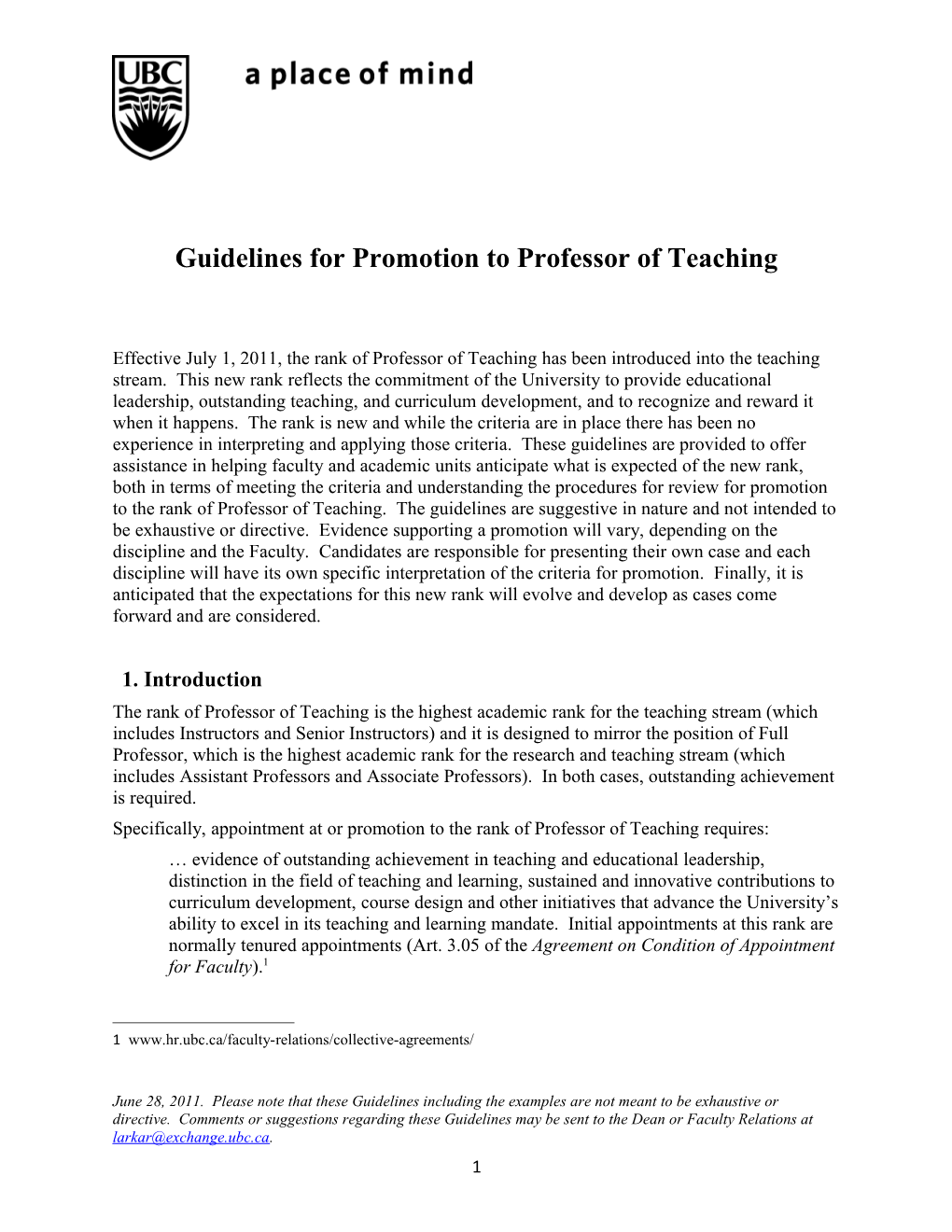 Guidelines for Promotion to Professor of Teaching