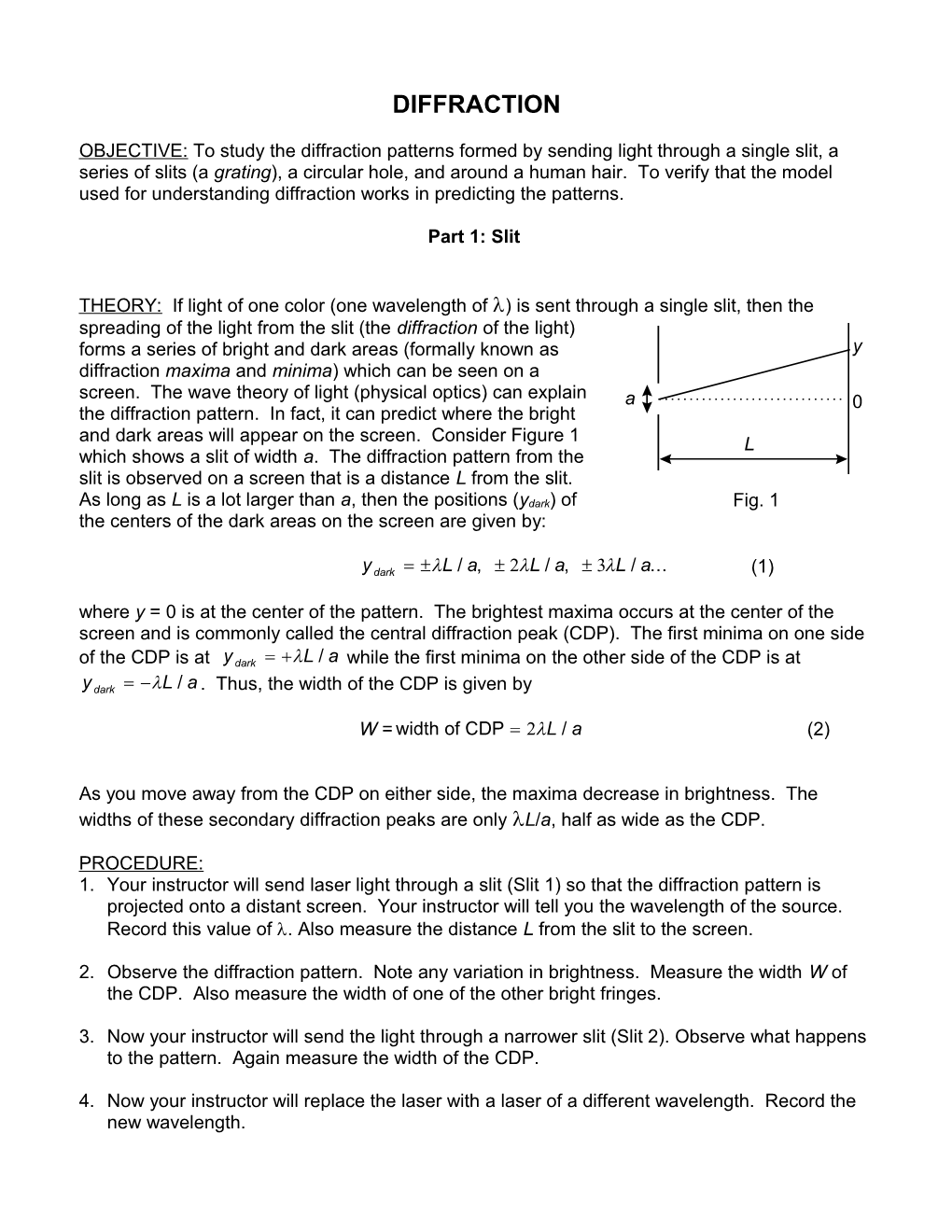 OBJECTIVE: to Study the Diffraction Patterns Formed by Sending Light Through a Single Slit