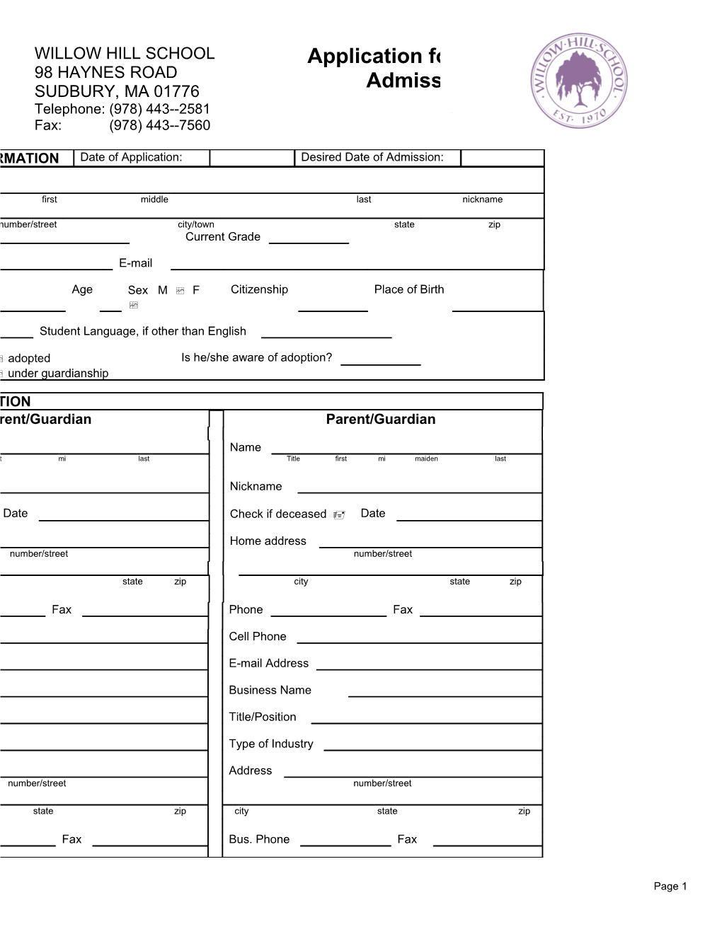 Parent Application Willow Hill School