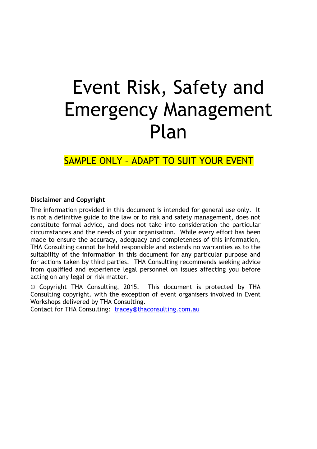 Event Risk, Safety and Emergency Management Plan