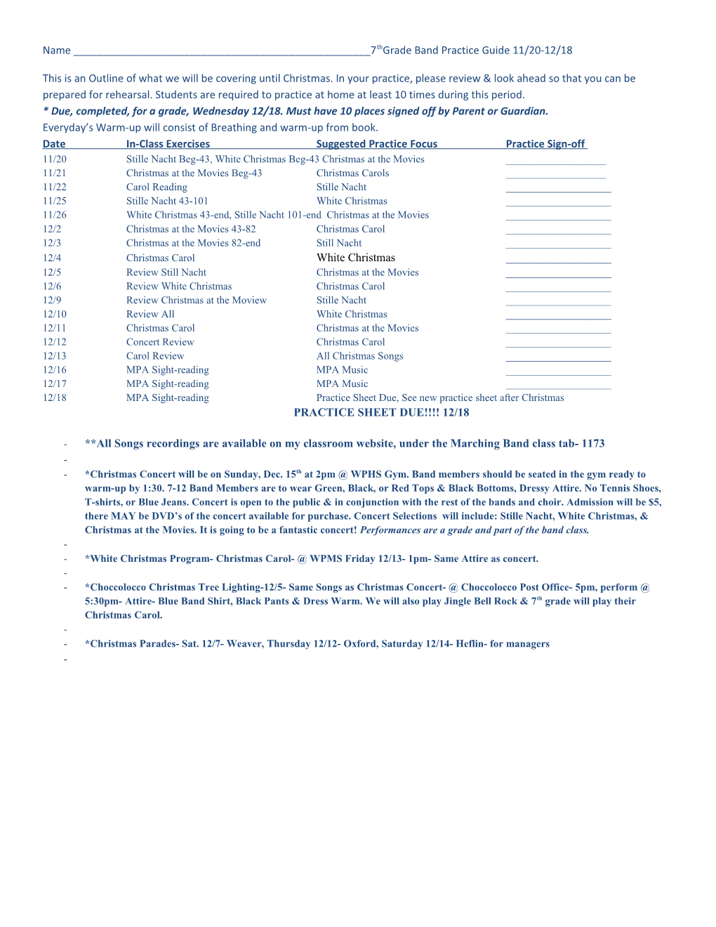 Name ______7Th Grade Band Practice Guide 2/19- 3/14