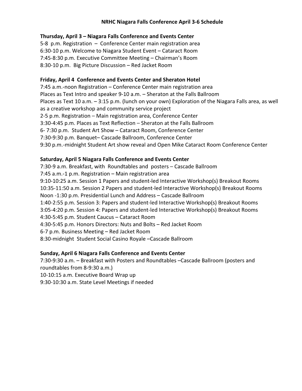 NRHC Niagara Falls Conference April 3-6 Schedule