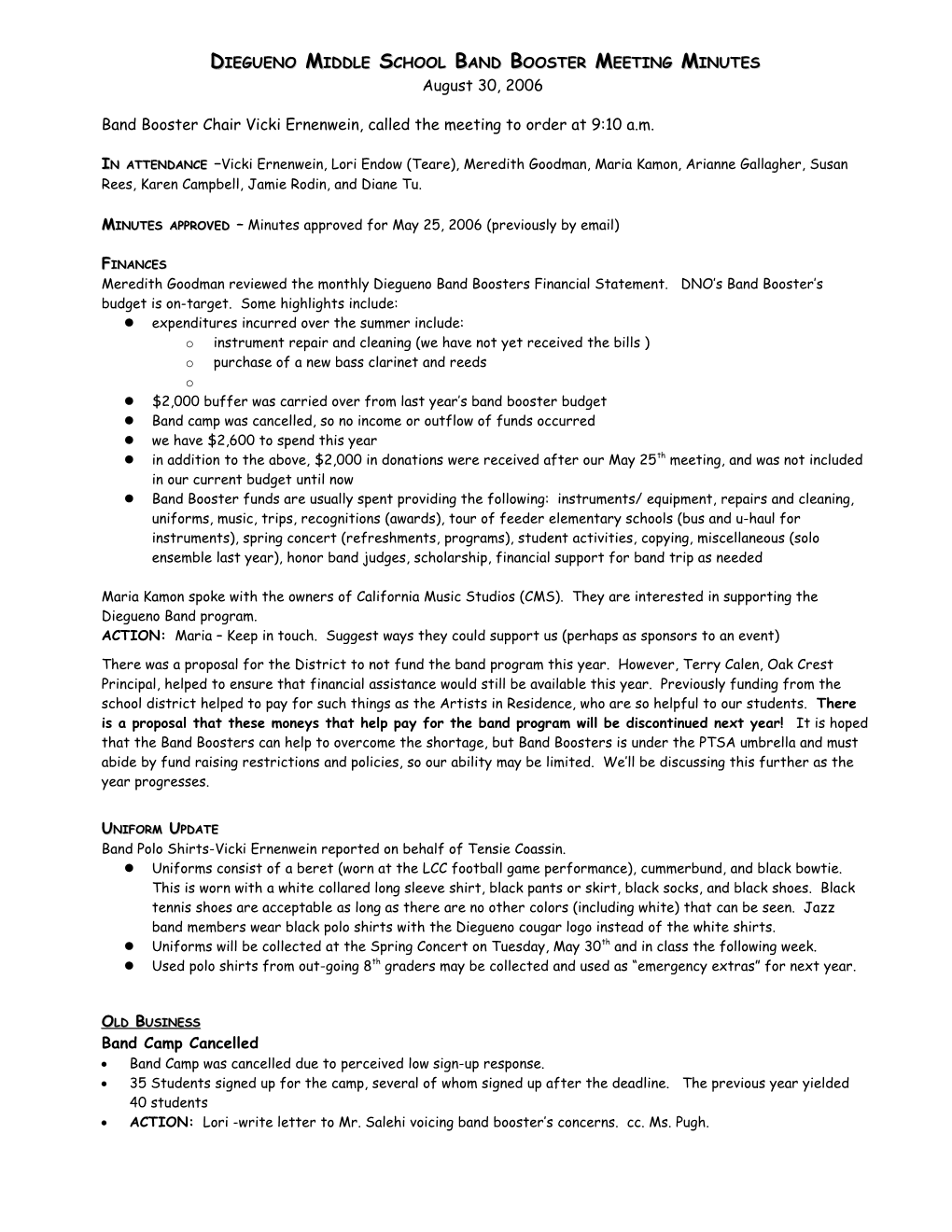 Diegueno Middle School Band Booster Meeting Minutes