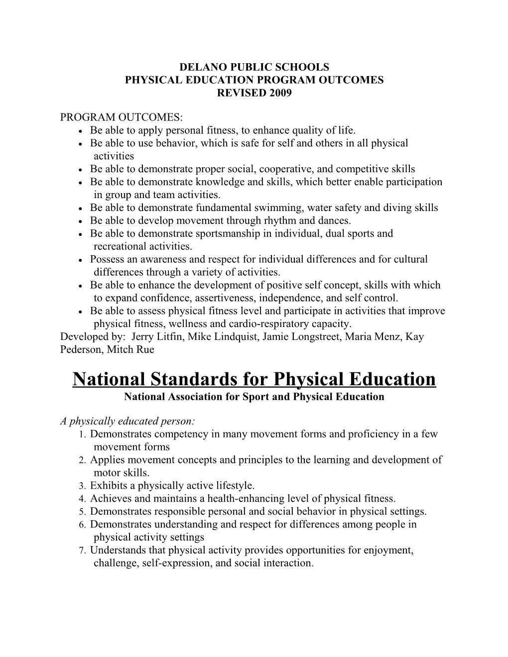 Physical Education Program Outcomes