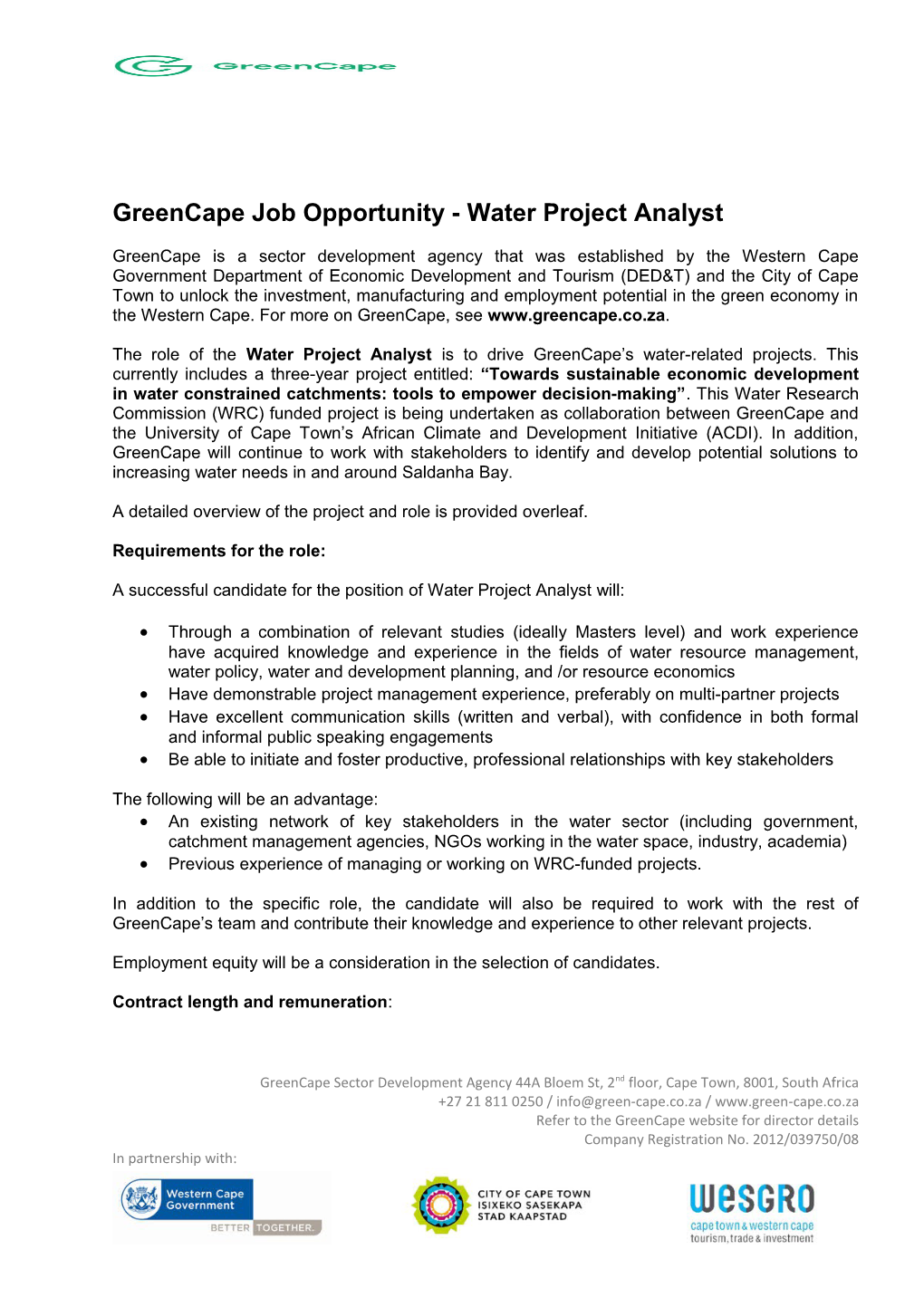 Greencape Job Opportunity - Water Project Analyst