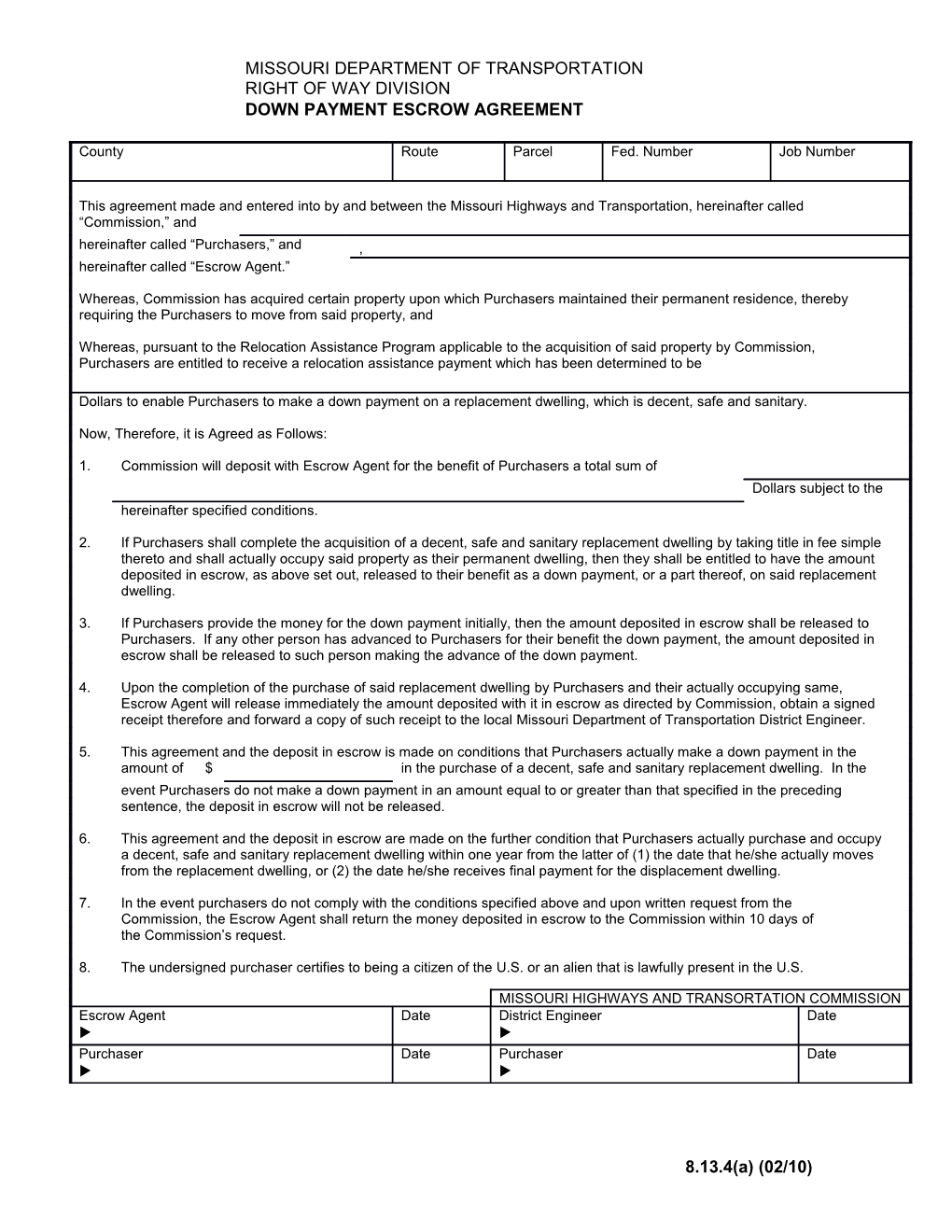 Down Payment Escrow Agreement Form 236.8.13.4