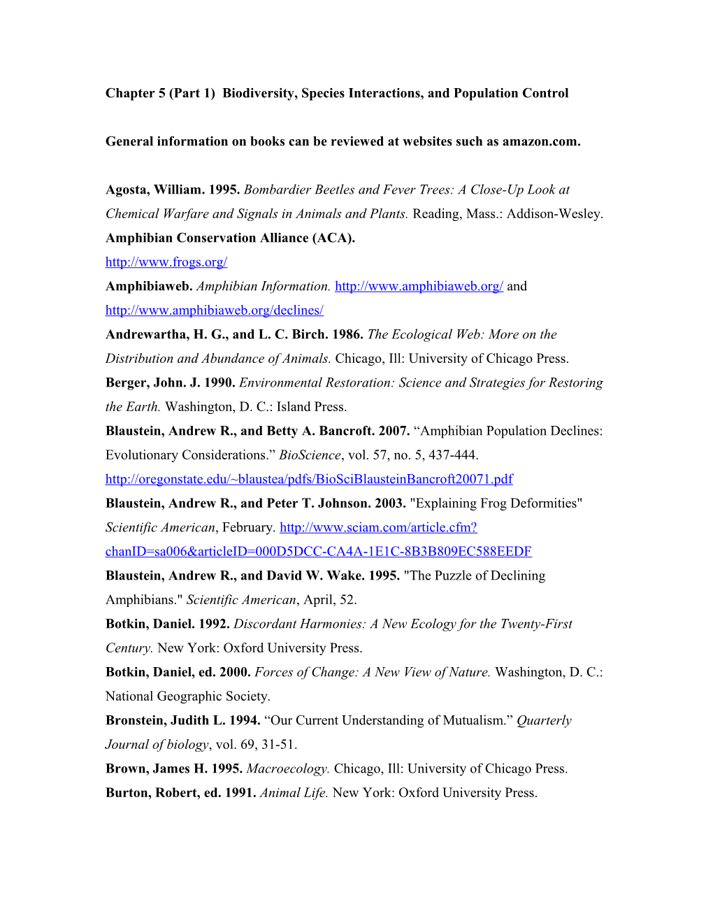 Chapter 5 (Part 1) Biodiversity, Species Interactions, and Population Control