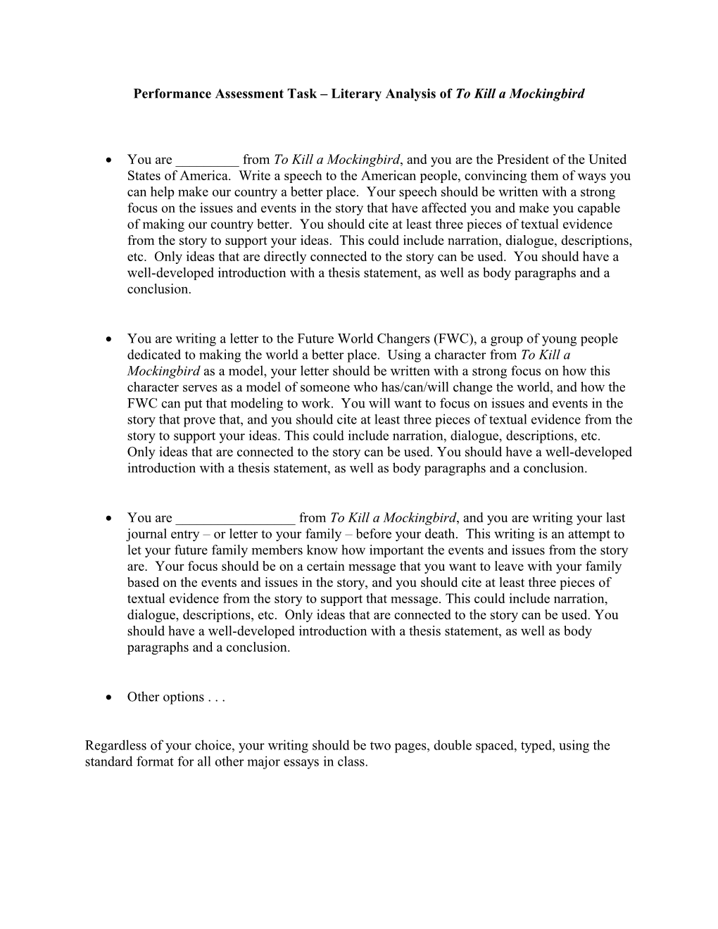 Performance Assessment Task Literary Analysis of to Kill a Mockingbird