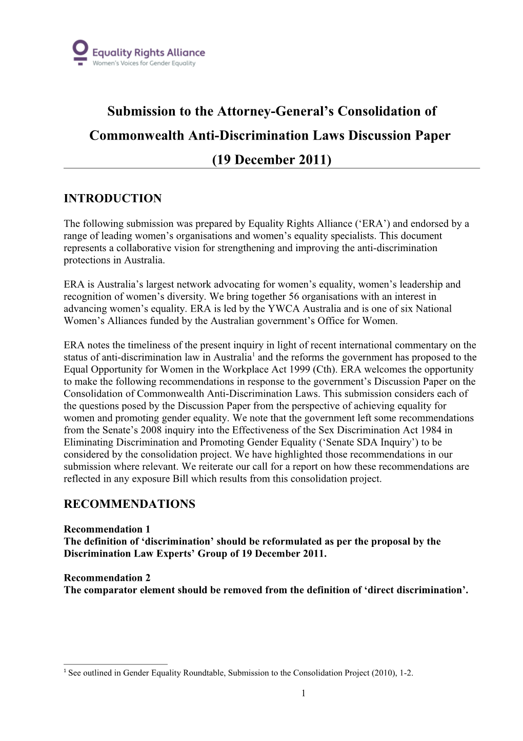 Submission on the Consolidation of Commonwealth Anti-Discrimination Laws - Equality Rights