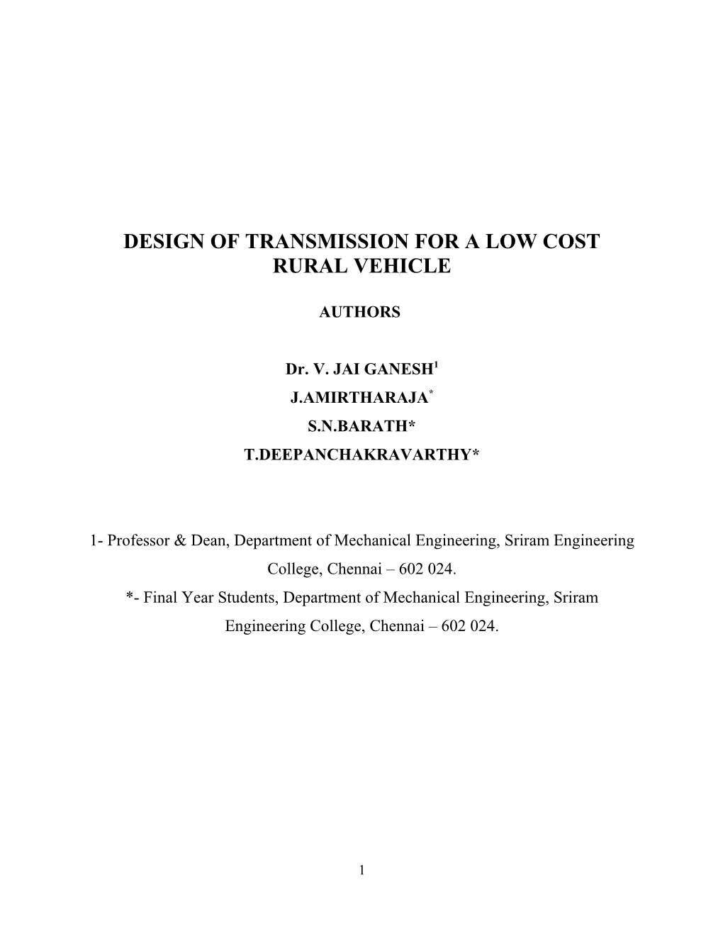 Design of Transmission for a Low Cost Rural Vehicle