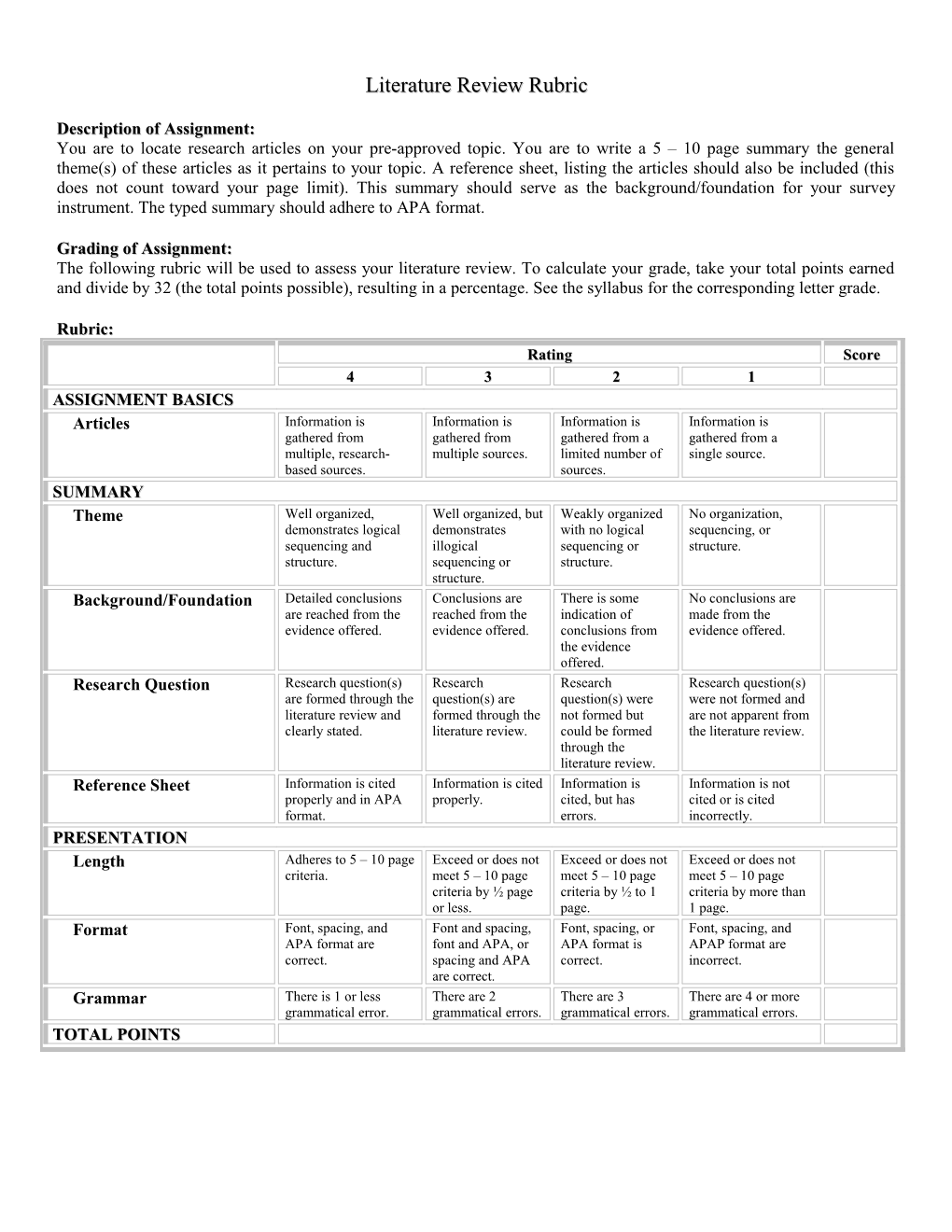 Literature Review Rubric