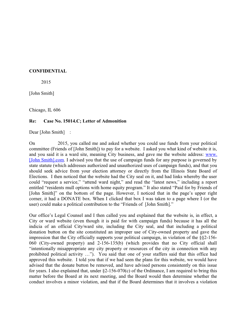 Re:Case No. 15014.C; Letter of Admonition