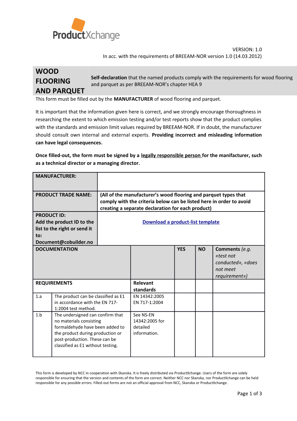 This Form Must Be Filled out by the MANUFACTURER of Wood Flooring and Parquet