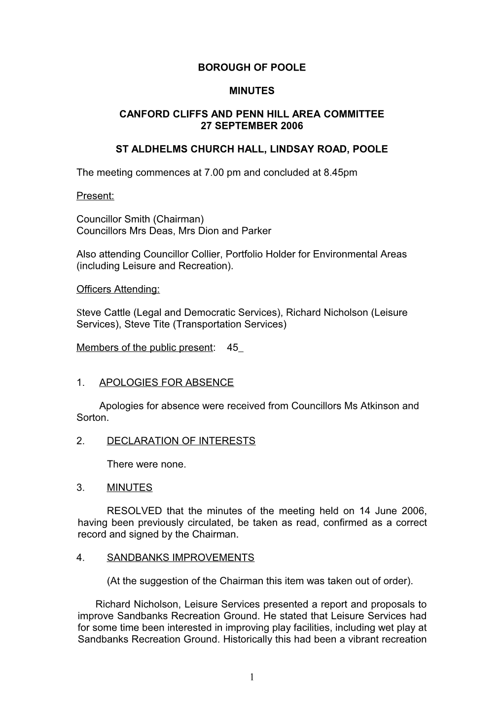 Minutes - Canford Cliffs and Penn Hill Area Committee - 27 September 2006