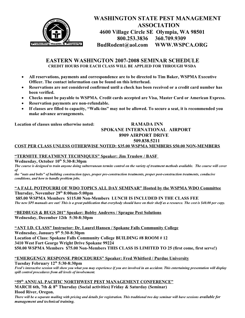 Eastern Washington 2007-2008 Seminar Schedule