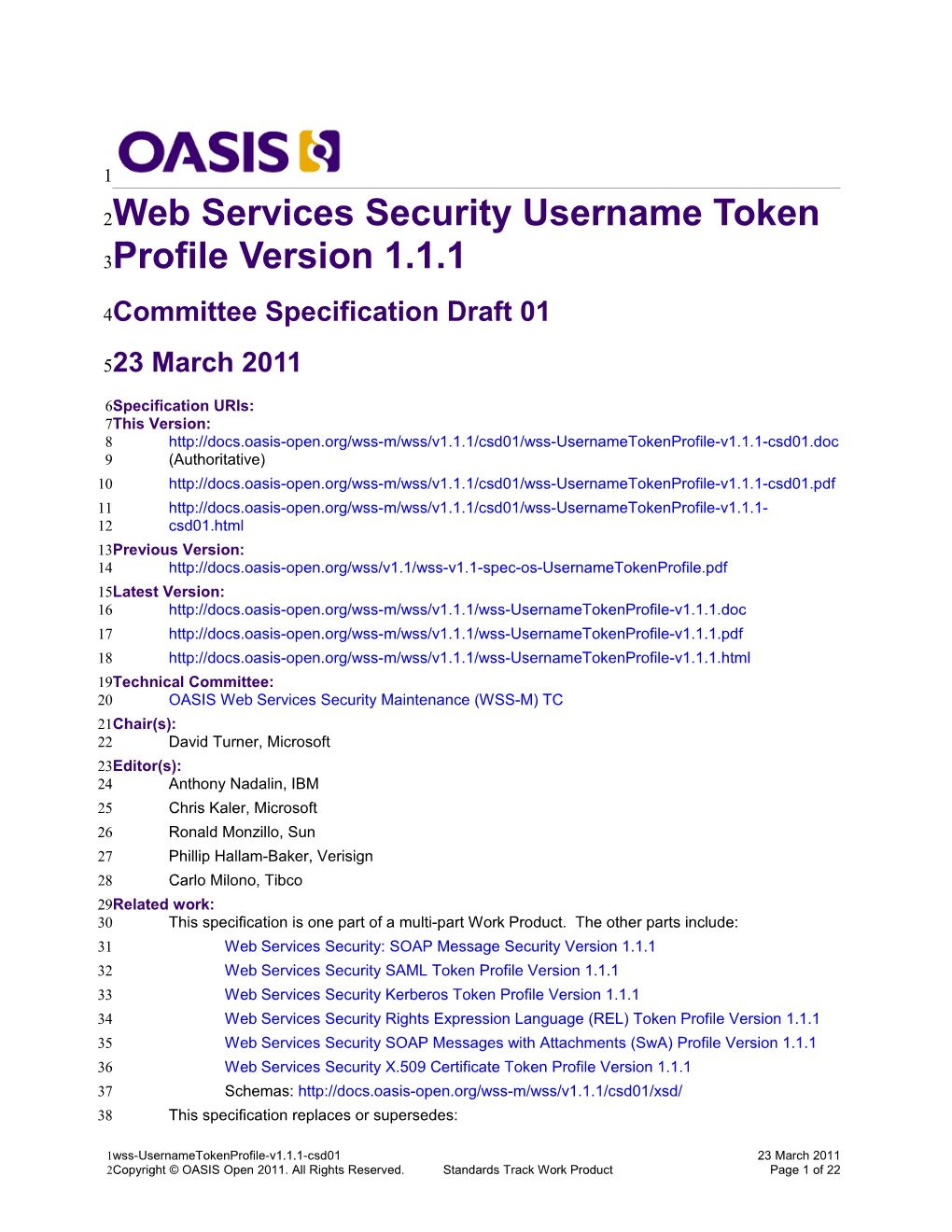 Web Services Security Username Token Profile Version 1.1.1