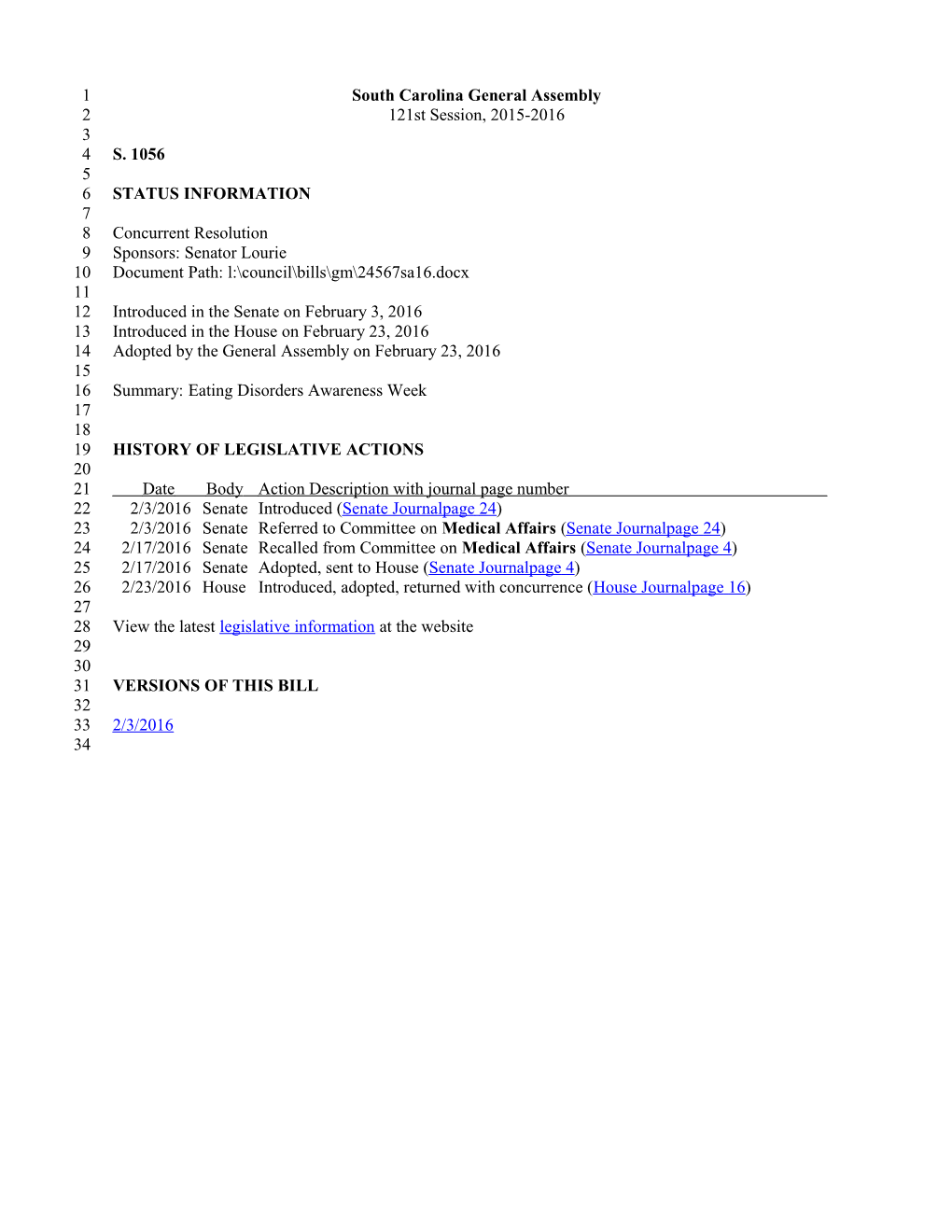 2015-2016 Bill 1056: Eating Disorders Awareness Week - South Carolina Legislature Online