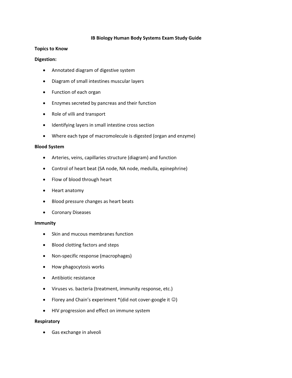 IB Biology Human Body Systems Exam Study Guide