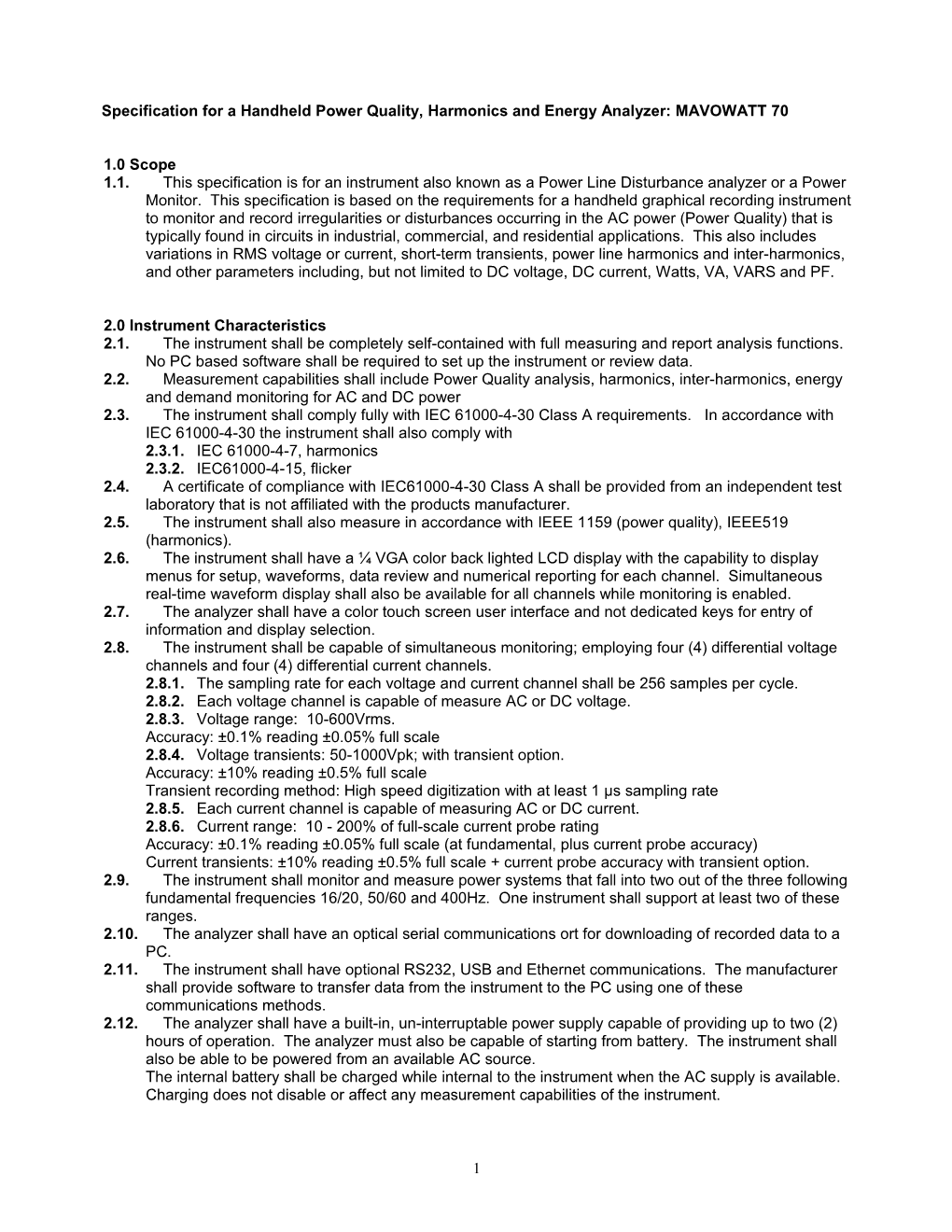 Specification for a Handheld Power Quality, Harmonics and Energy Analyzer: MAVOWATT 70