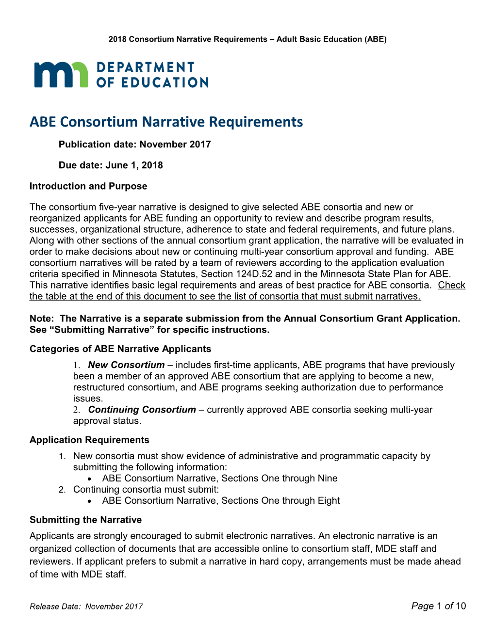 2018 Consortium Narrative Requirements Adult Basic Education (ABE)