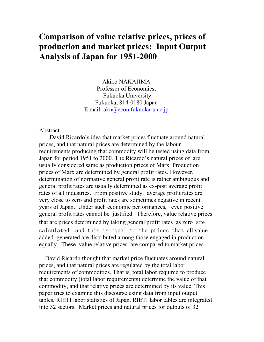 Market Price and Natural Price: Convergence Or Divergence, Case Study for Japan 1960-2000