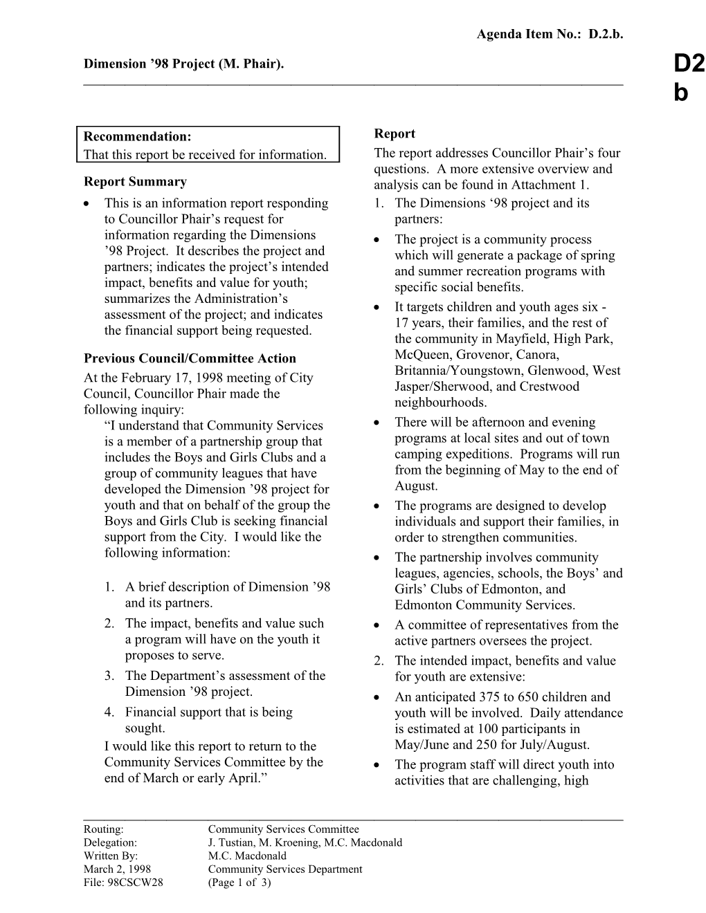 Report for Community Services Committee March 23, 1998 Meeting