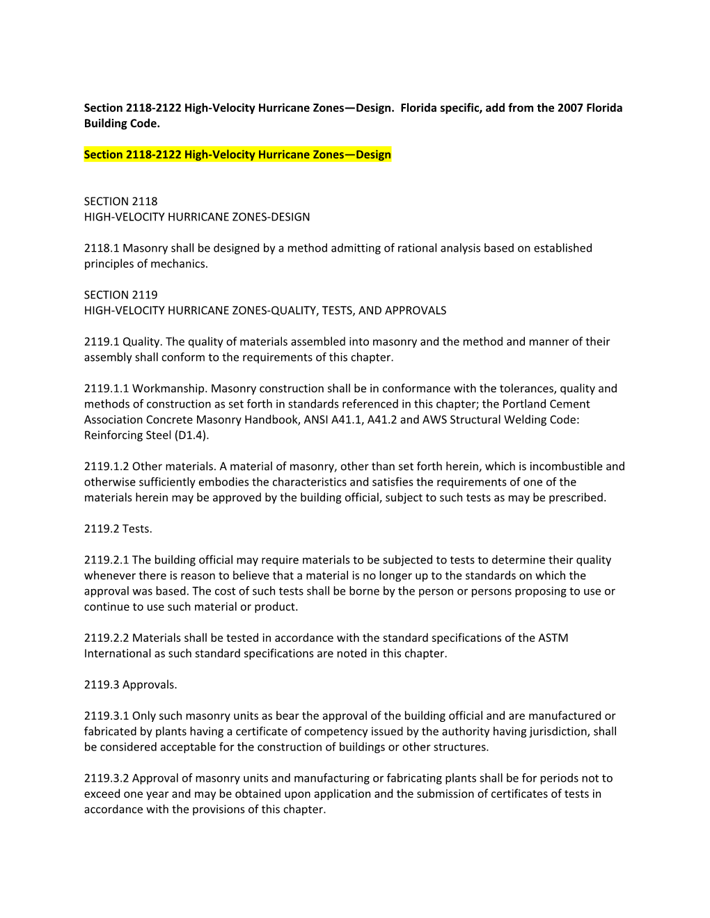 Section 2118-2122 High-Velocity Hurricane Zones Design