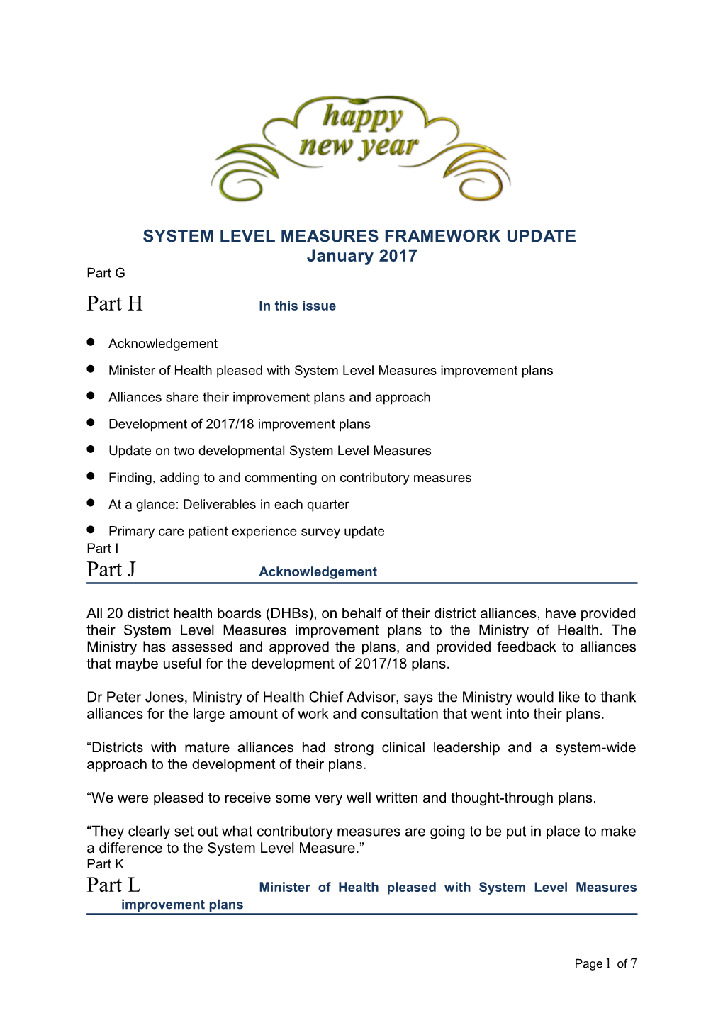 System Level Measures Framework Update: January 2017