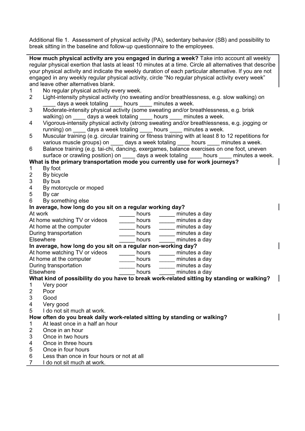 Additional File 1. Assessment of Physical Activity (PA), Sedentary Behavior (SB) and Possibility