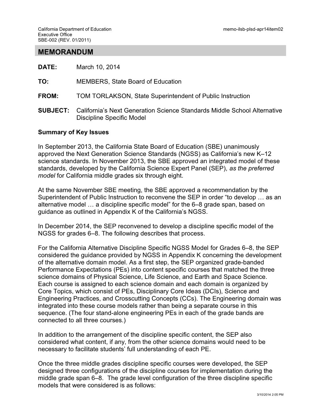 April 2014 Memorandum PLSD Item 02 - Information Memorandum (CA State Board of Education)