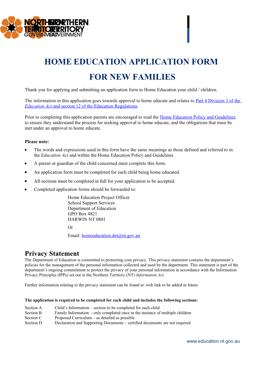 2018 Home Education Application Form - New Families