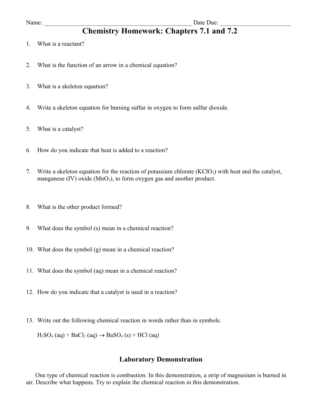 Chemistry Homework: Chapters 7.1 and 7.2