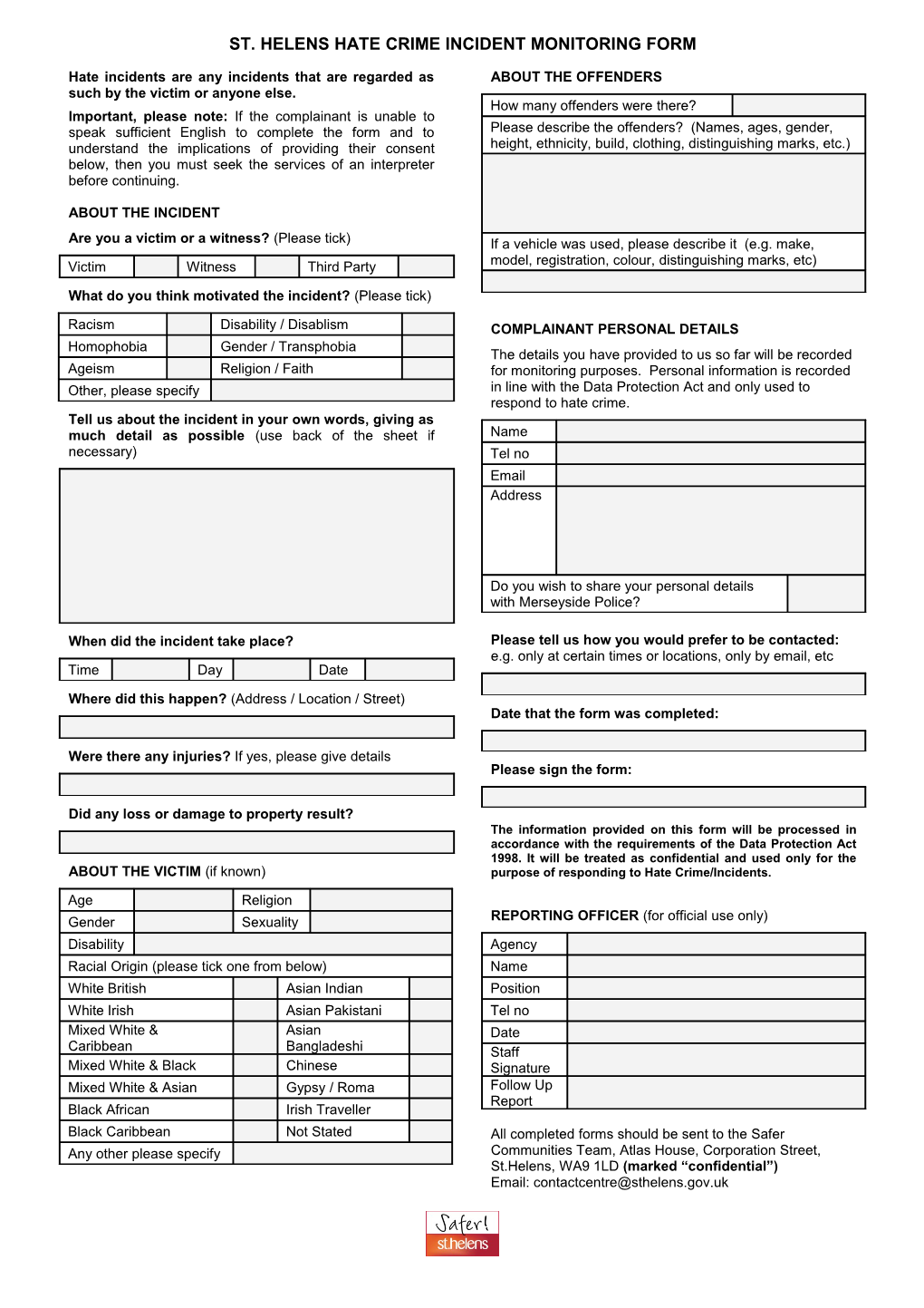 Racial Incidents Monitoring Form