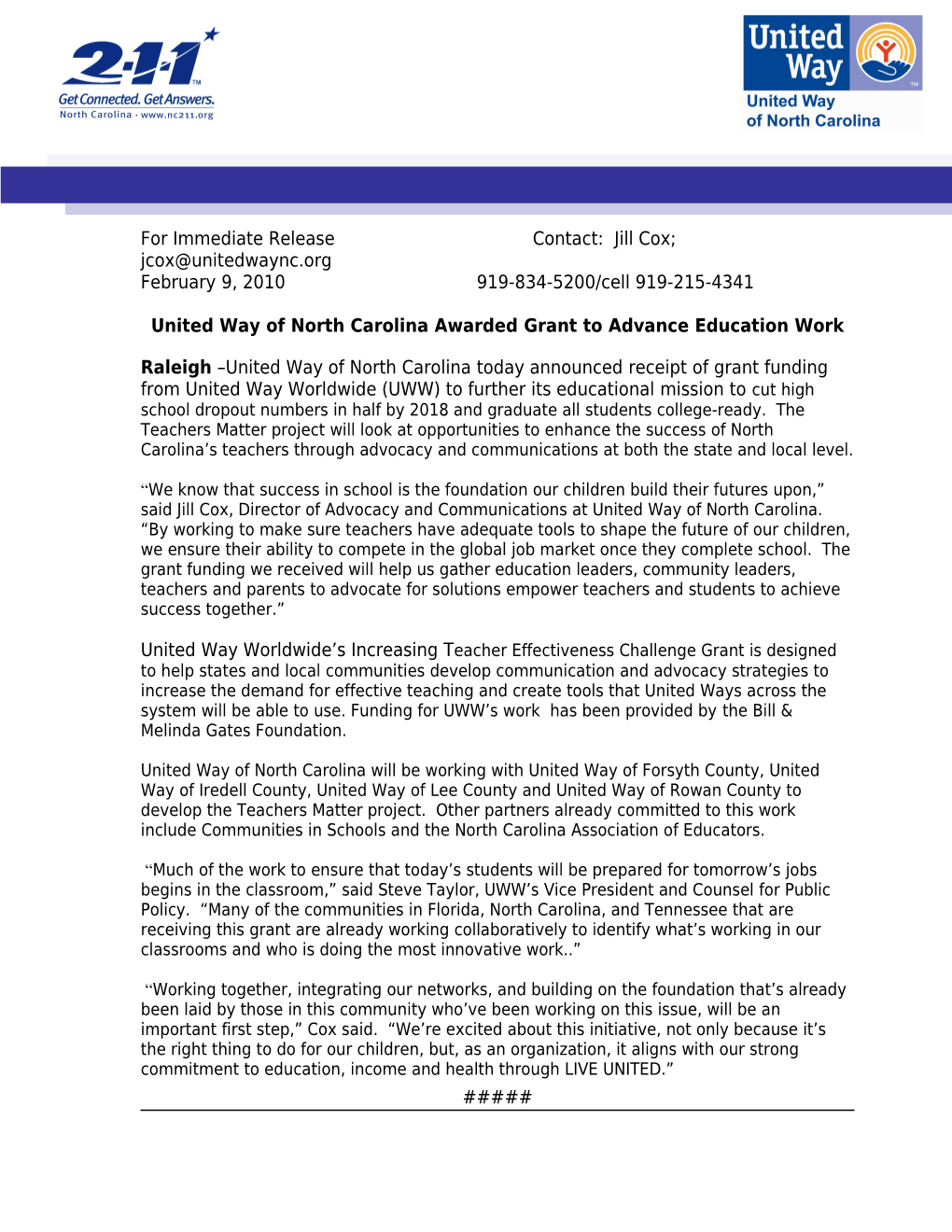 United Way of North Carolina Awarded Grant to Advance Education Work