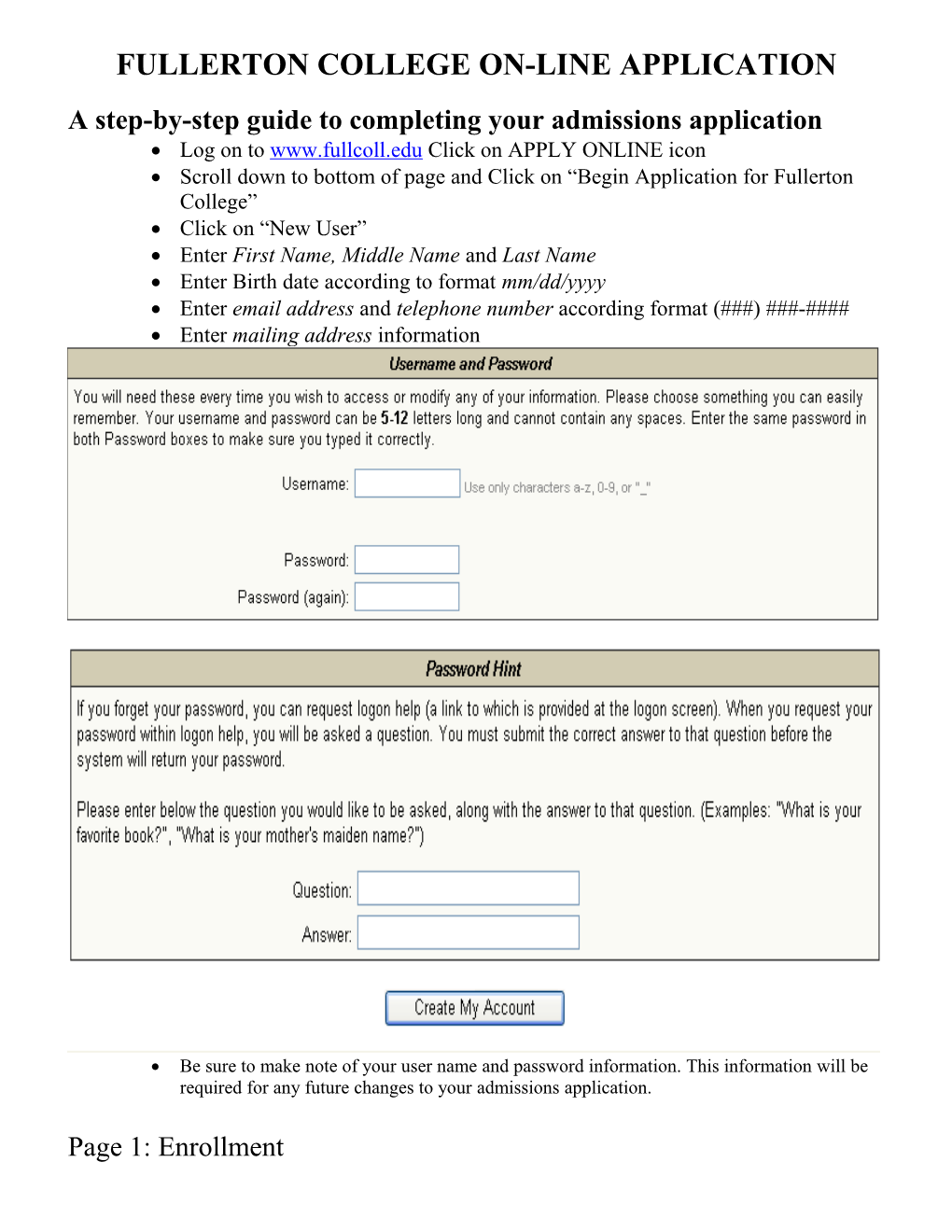 Fullerton College On-Line Application