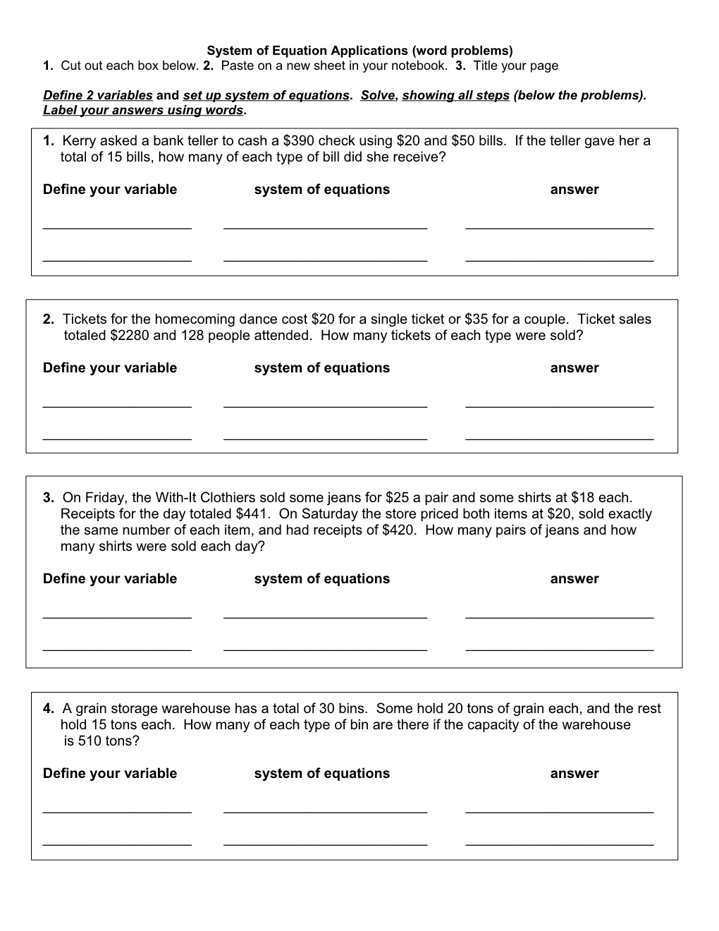 System of Equation Applications (Word Problems)