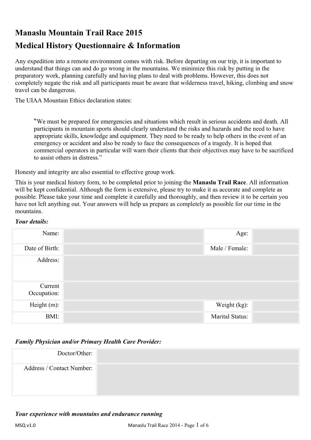 Manaslu Mountain Trail Race 2015 Medical History Questionnaire & Information