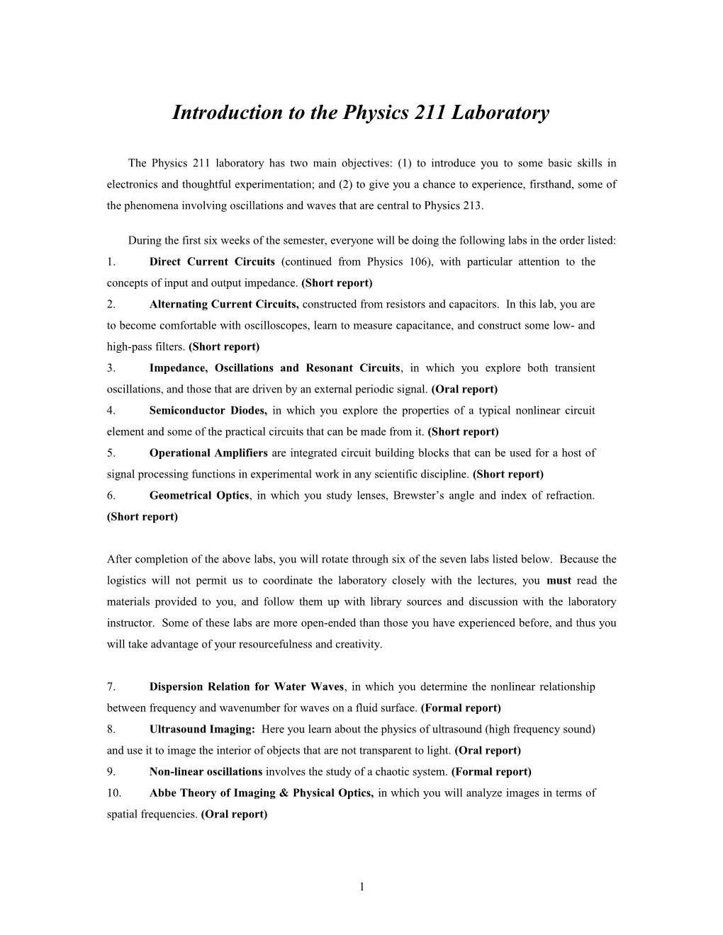 Introduction to the Physics 211 Laboratory