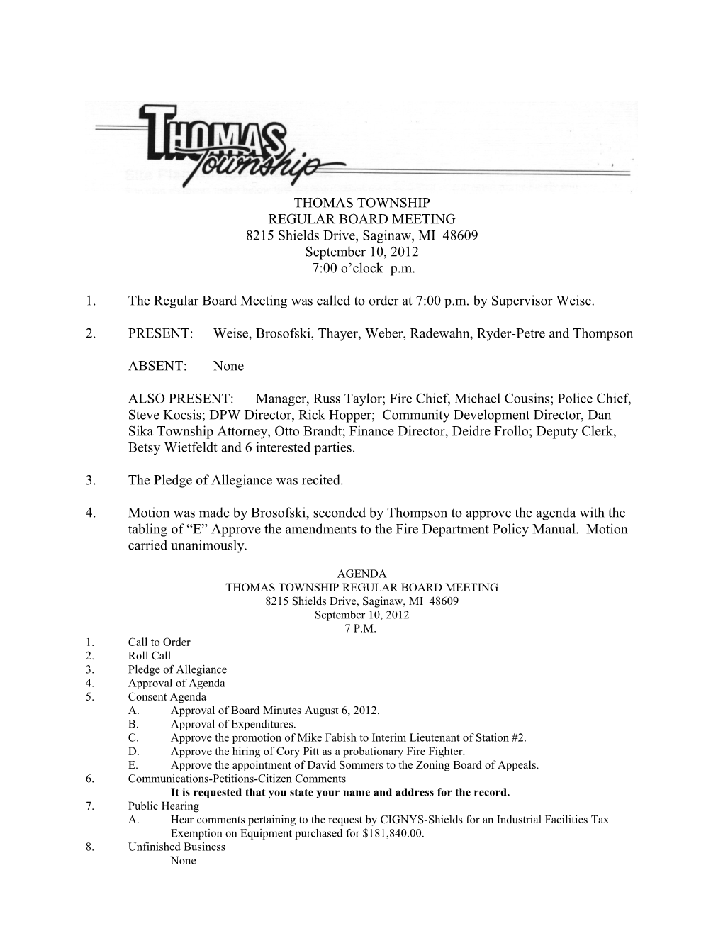 Thomas Township Board Meeting September 2012