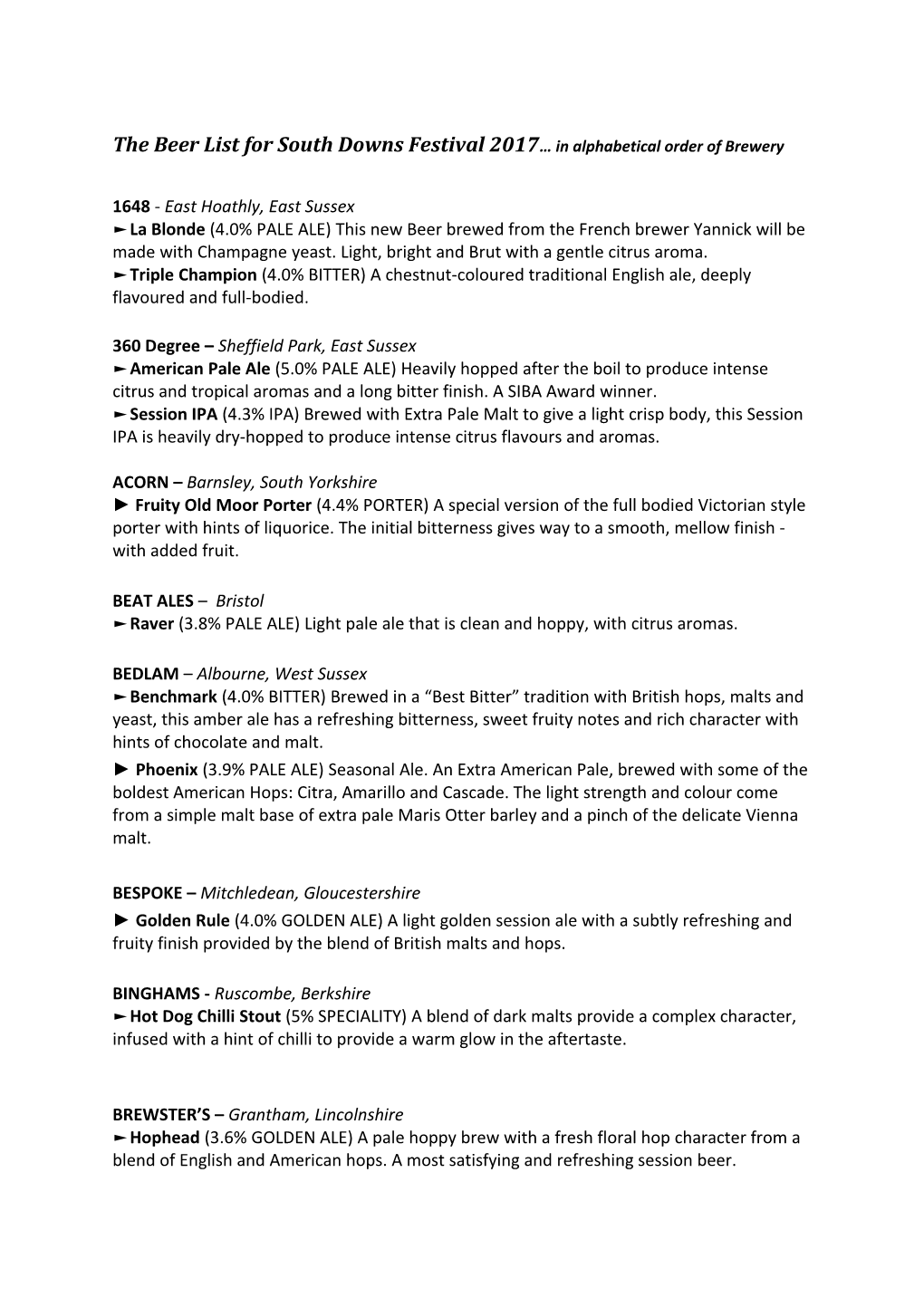 The Beer List for South Downs Festival 2017 in Alphabetical Order of Brewery