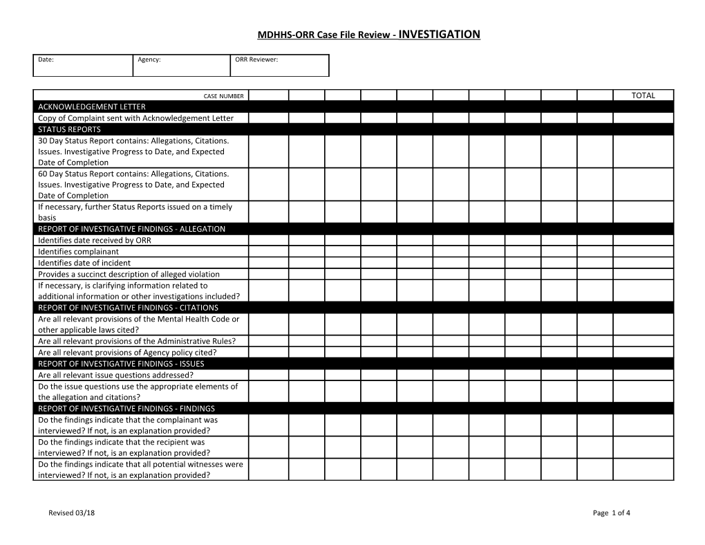 MDHHS Office of Recipient Rights, Investigative Case File Review Form