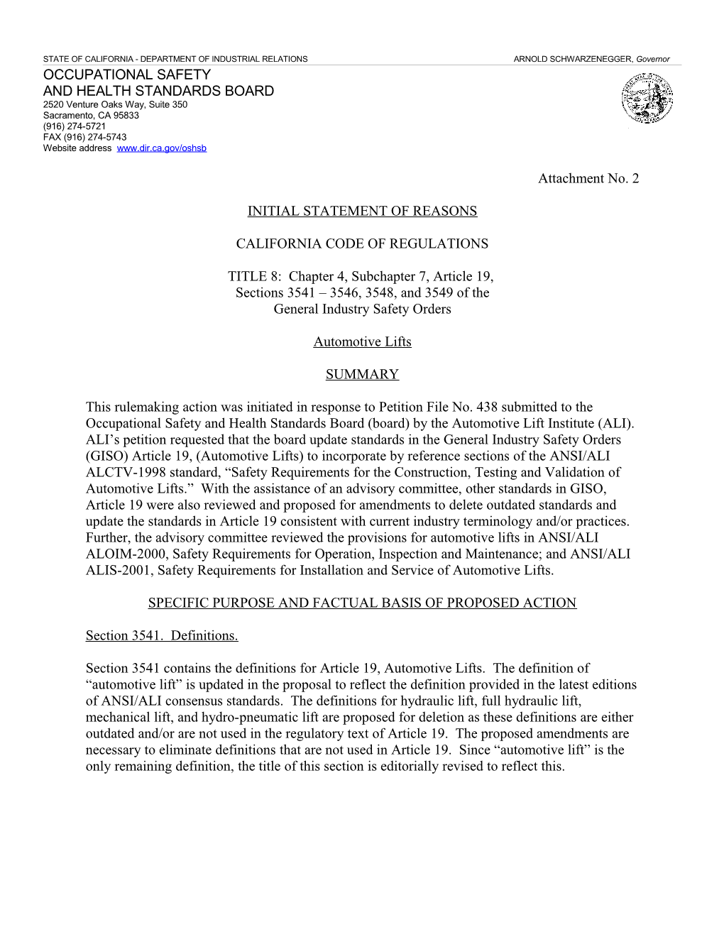 STATE of CALIFORNIA - DEPARTMENT of INDUSTRIAL RELATIONS ARNOLD SCHWARZENEGGER, Governor s22