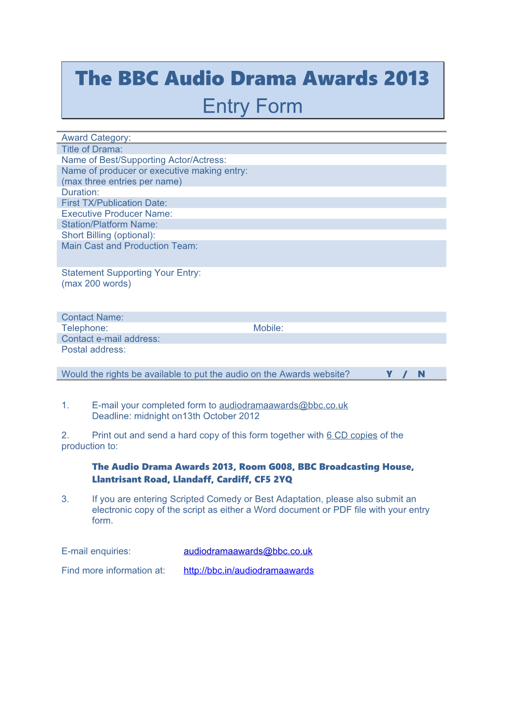 The BBC Audio Drama Awards 2013 Entry Form