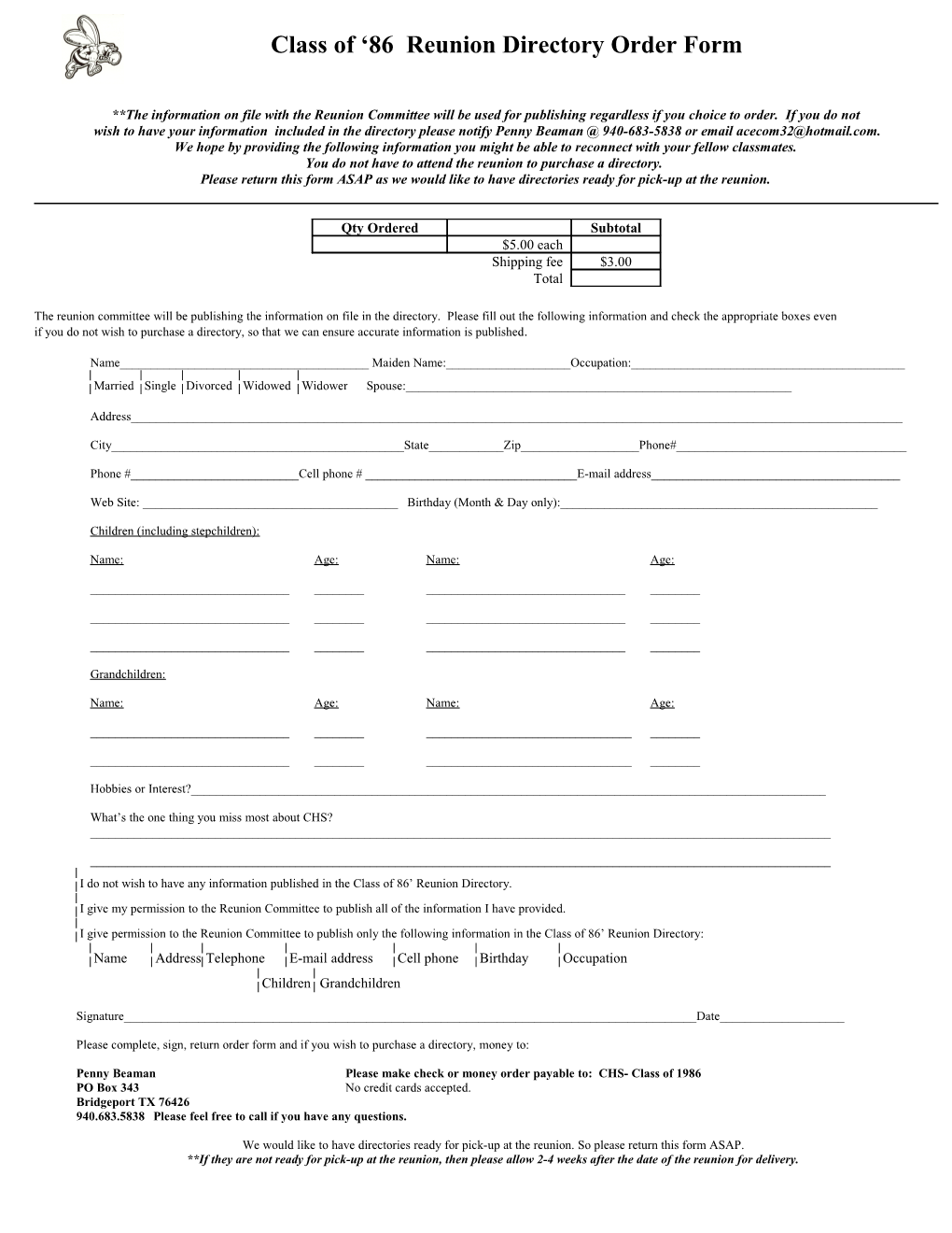 Class of 86 Reunion Directory Order Form