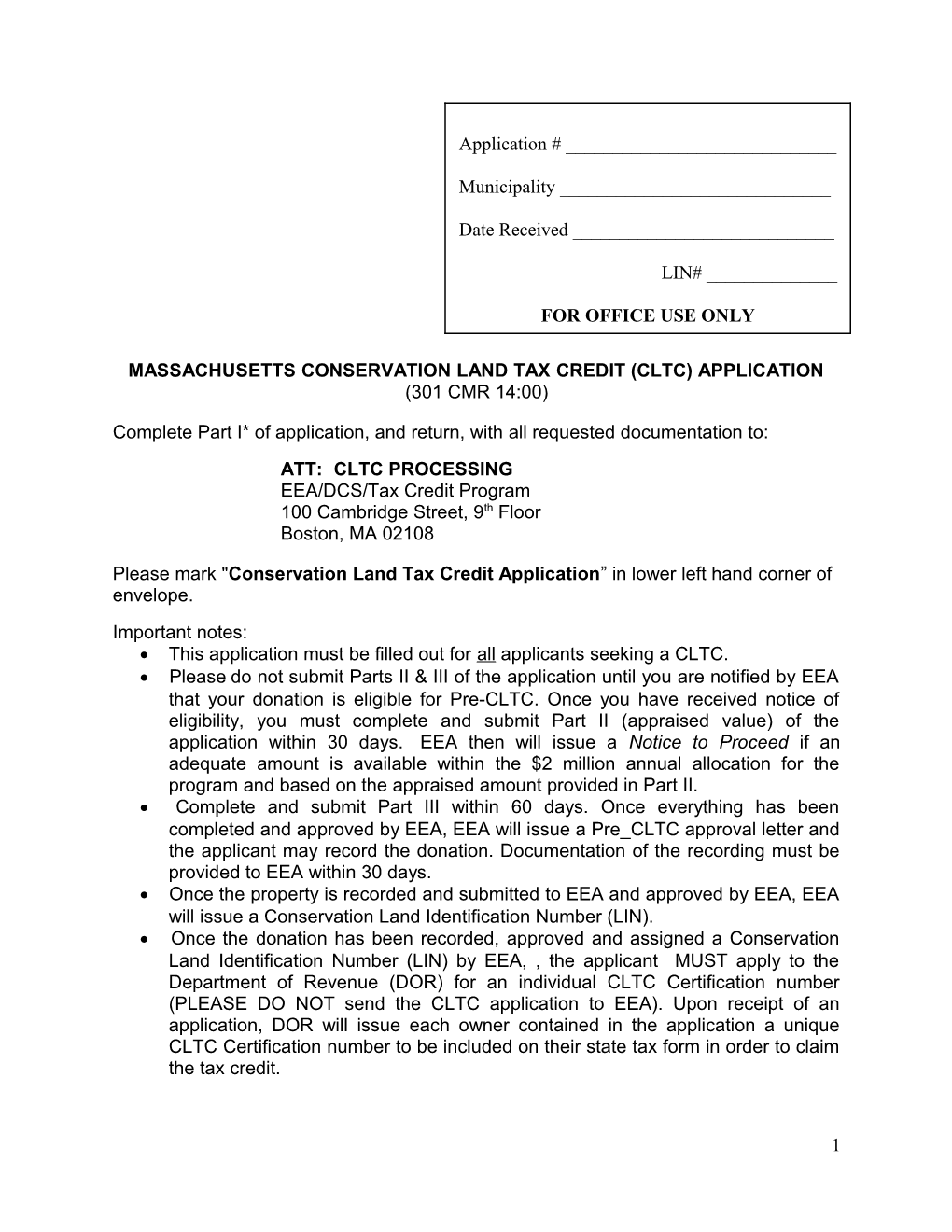 Massachusetts Conservation Land Tax Credit (Cltc) Application