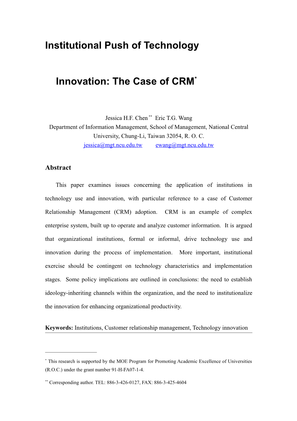 Organizational Institutional Push of Technology Innovation: the Case of CRM