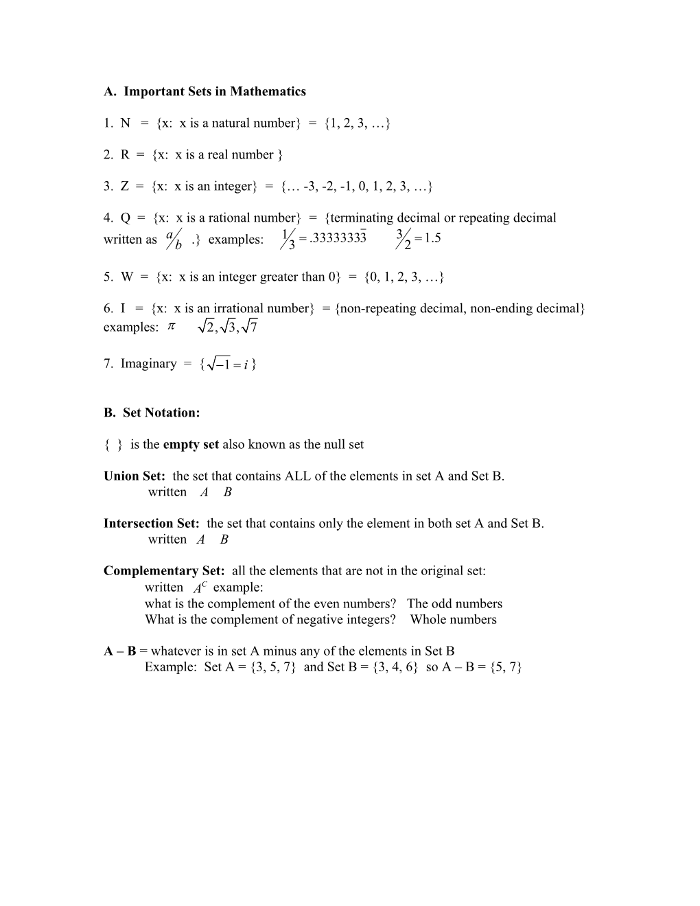 A. Important Sets in Mathematics