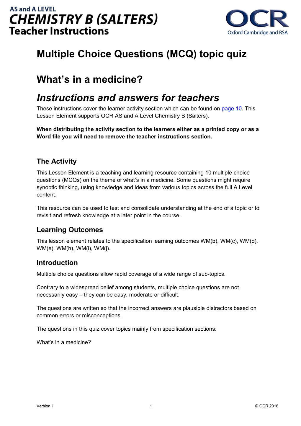 OCR AS and a Level Chemistry B (Salters) Multiple Choice Questions Quiz (What's in a Medicine?)