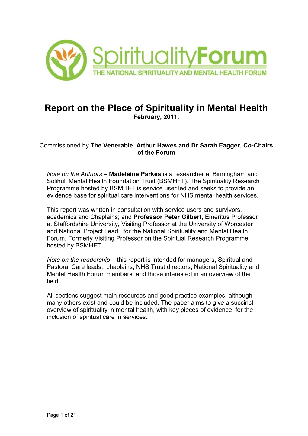 Report on the Place of Spirituality in Mental Health